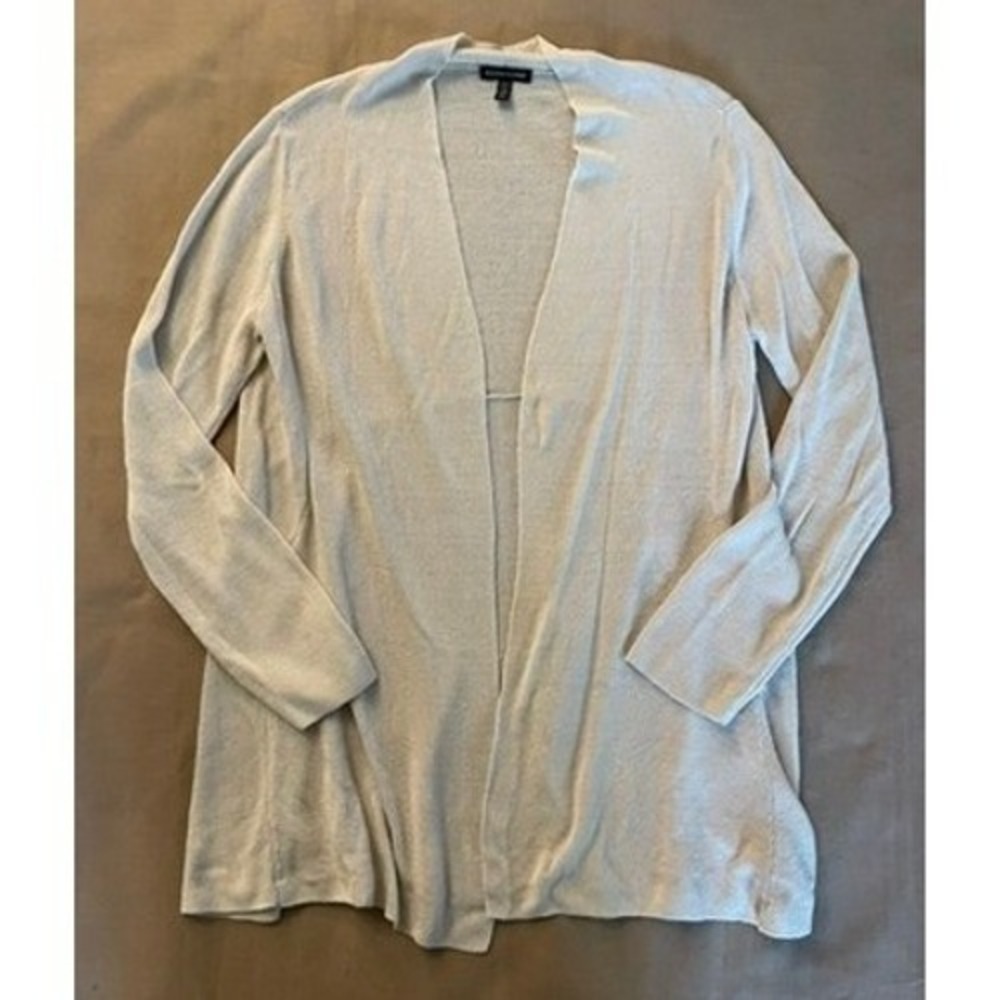 Eileen Fisher Organic Linen Long Cardigan Sz M Cream Open Front Minimalist Luxe